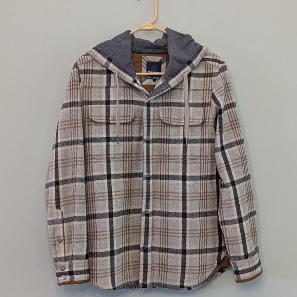 Prana Men's Plaid Hooded Jacket  Gray Brown Size Small Wool Blend - Picture 1 of 6